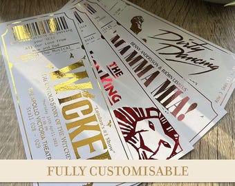May include: Several custom theater tickets with gold and red foil lettering. The tickets are for the musicals "Wicked", "The Lion King", "Mamma Mia!", and "Dirty Dancing". The text "FULLY CUSTOMISABLE" is at the bottom.