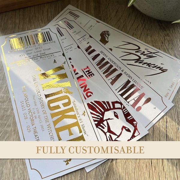 Billet de théâtre personnalisé, Billets de théâtre, Chèque-cadeau, Billet personnalisé, Cadeau de théâtre musical, Billet décor, Billet feuille d'or