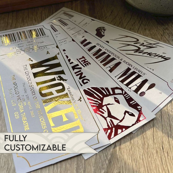 Foil Theatre Ticket, Personalised Gift, Show ticket, Surprise Gift, Musical theatre, Present idea, Gold foil printing, ticket, Ticket Gift