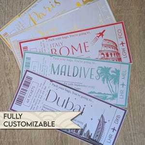 Carte d'embarquement personnalisée en cadeau, Billet de voyage surprise personnalisé, Présentation de voyage pour toutes les occasions, Chèque-cadeau des Fêtes, Billet personnalisé