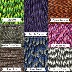 May include: A collage of nine different paracord colors, including Gecko, Olive Drab Camo, Purple Camo, Open Season, Country Girl, Scorpion, Blue Steel, and Urban Camo.