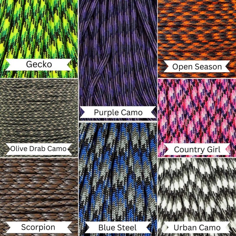May include: A collage of nine different paracord colors, including Gecko, Olive Drab Camo, Purple Camo, Open Season, Country Girl, Scorpion, Blue Steel, and Urban Camo.