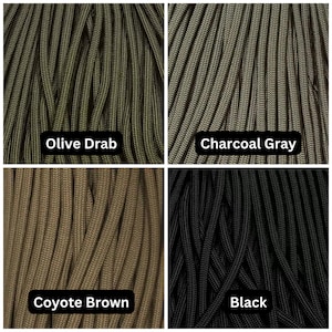 May include: Four different colors of paracord, from left to right: Olive Drab, Charcoal Gray, Coyote Brown, and Black.