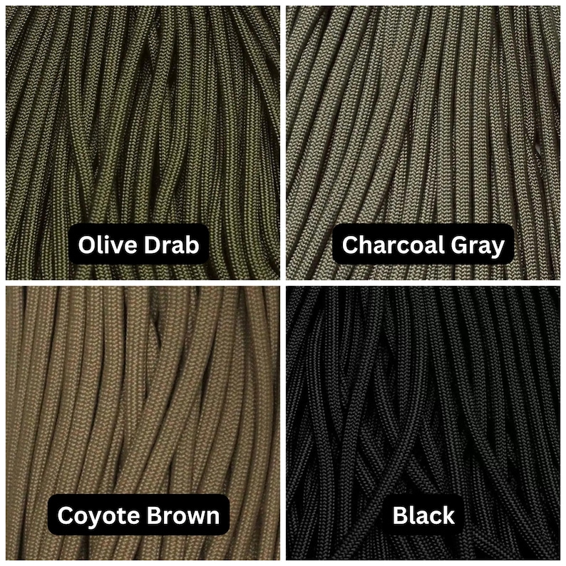 May include: Four different colors of paracord, from left to right: Olive Drab, Charcoal Gray, Coyote Brown, and Black.