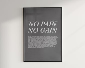 Può includere: Un poster incorniciato con la scritta "NO PAIN NO GAIN" in grandi lettere maiuscole bianche. Sotto, un paragrafo di testo più piccolo. Lo sfondo è di colore grigio.