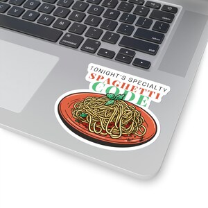 Sticker spaghetticode: programmeurcadeau, vinylsticker 4" × 4"