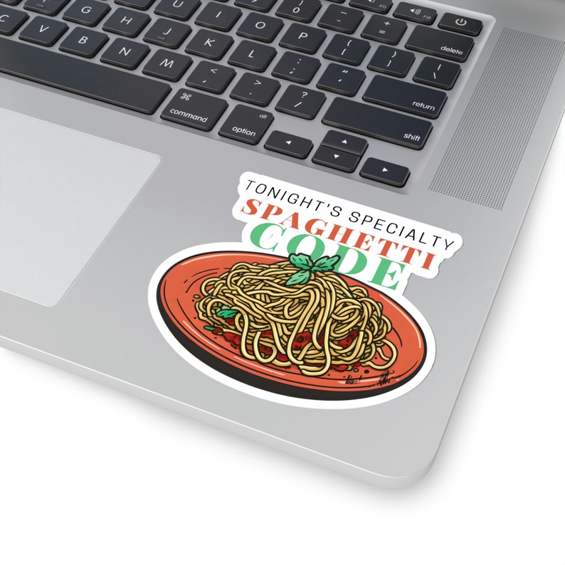 Sticker spaghetticode: programmeurcadeau, vinylsticker 4" × 4"
