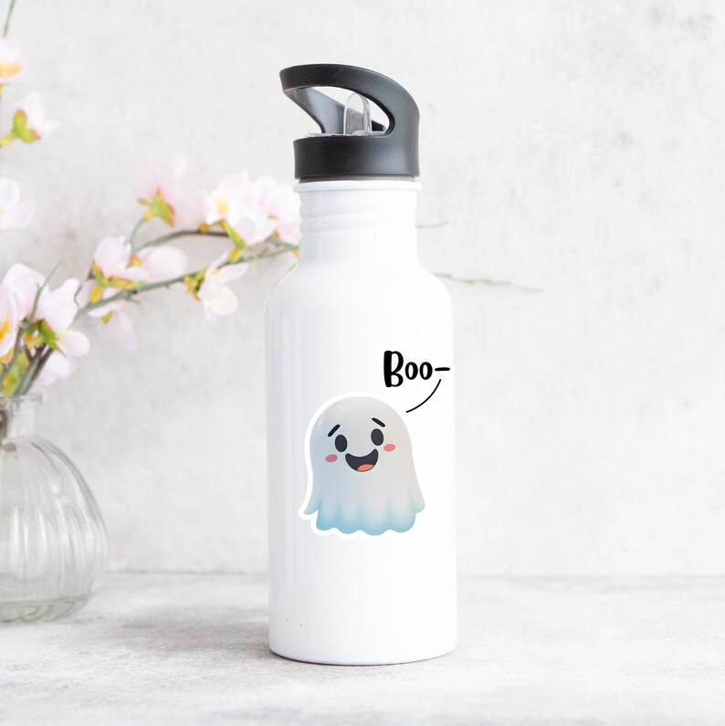 May include: White reusable water bottle with a black lid and a sticker of a cartoon ghost with the text "Boo-" on it.