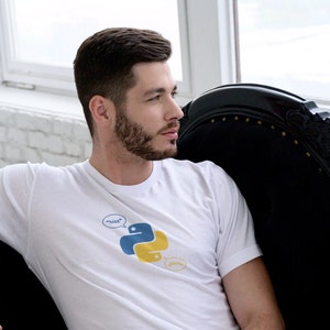 May include: White t-shirt featuring the Python programming language logo in blue and yellow, with speech bubbles saying "hiss" and "wissh". The shirt is being worn.