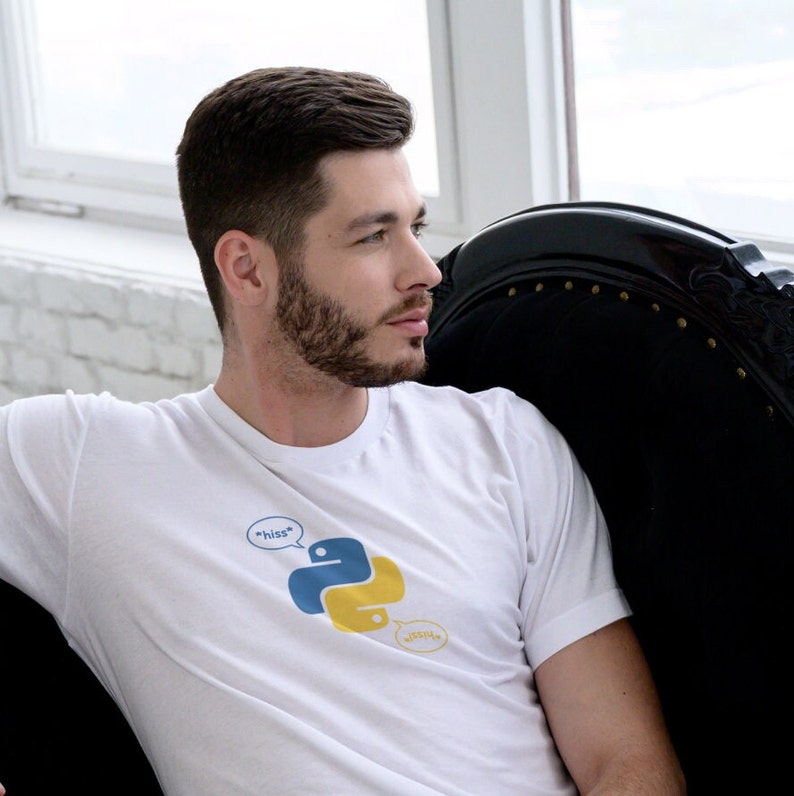 May include: White t-shirt featuring the Python programming language logo in blue and yellow, with speech bubbles saying "hiss" and "wissh". The shirt is being worn.