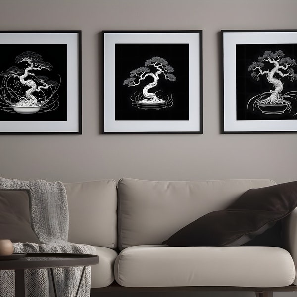 Bonsai Tree Art Prints: Set of 8 Black and White Tree Forms on Dark Background