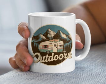 Vintage Camper Coffee Mug, Outdoors Adventure, Mountain Design