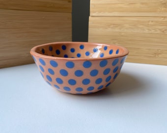 Handmade Ceramic bowl. Blue dots