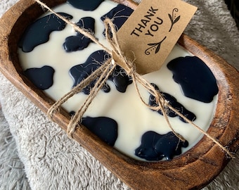 Cow Print Dough Bowl Candle: Hand-Poured Soy Wax, Wooden Bowl