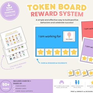 May include: A token board reward system featuring printable sheets with colourful reward cards, star tokens, and boards with the text I am working for. The boards include spaces for visual icons like ice cream, music time, and movie night.