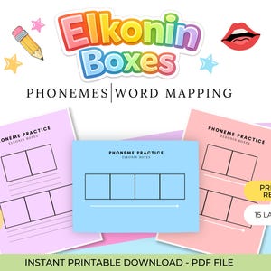 Könnte beinhalten: Pädagogische Arbeitsblätter zur Phonem-Übung mit dem Titel Elkonin Boxes with Phonemes Word Mapping. Das Set enthält druckbare Seiten in Hellrosa, Blau und Pfirsich mit leeren quadratischen Gittern, einem Bleistift- und einem Mundsymbol.