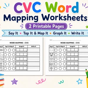 Puede incluir: Hojas de trabajo educativas de mapeo de palabras CVC con el texto "Say It, Tap It & Map It, Graph It, Write It". Las hojas de trabajo están diseñadas para el aprendizaje temprano y presentan ilustraciones coloridas y diversas actividades.