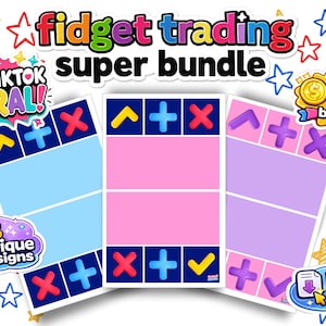 May include: A fidget trading super bundle digital download featuring three unique designs with light blue, pink, and purple backgrounds. Each sheet includes dark blue or colored sections with symbols like plus signs, x marks, and check marks.