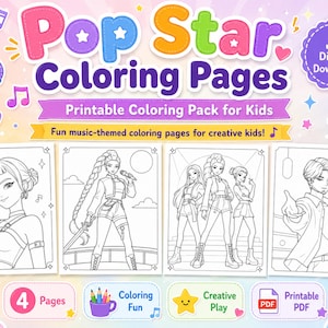 Könnte beinhalten: Ein farbenfrohes digitales Download-Bild für "Pop Star Coloring Pages". Das Design zeigt ein rosa Mikrofon, Noten und Sterne. Die Malvorlagen enthalten Illustrationen von Popstars. Der Text lautet "Printable Coloring Pack for Kids."