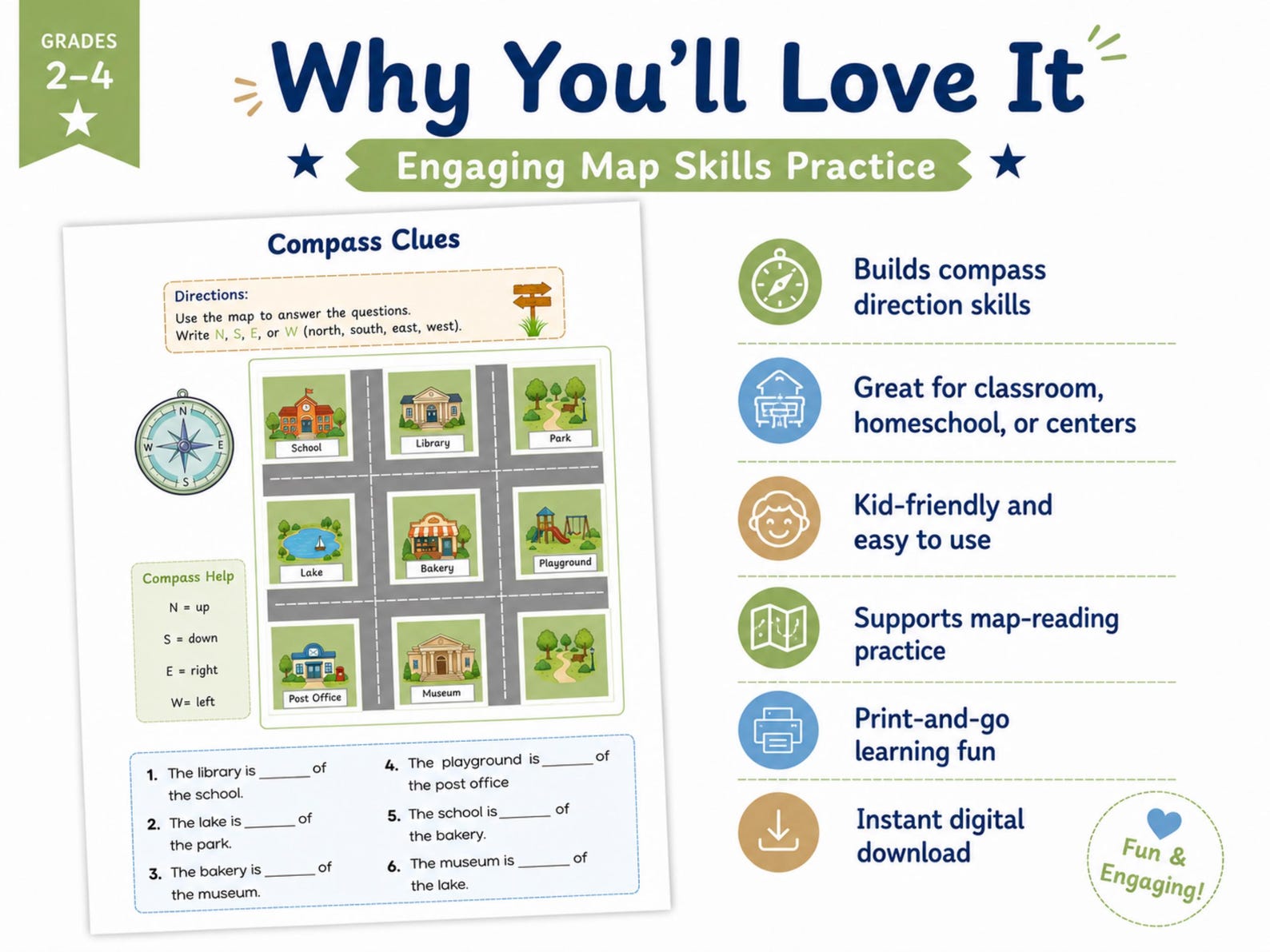 Compass Clues Printable Map Skills Worksheet, Cardinal Directions ...