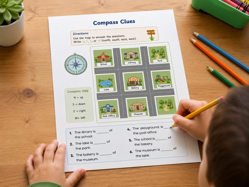 Compass Clues Printable Map Skills Worksheet, Cardinal Directions ...