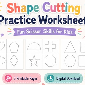Puede incluir: Un conjunto de hojas de trabajo coloridas titulado "Shape Cutting Practice Worksheets" con el subtítulo "Fun Scissor Skills for Kids". Las hojas de trabajo presentan varias formas como corazones, estrellas y círculos, diseñadas para la práctica de tijeras de los niños. Incluye "3 Printable Pages" y "Digital Download".