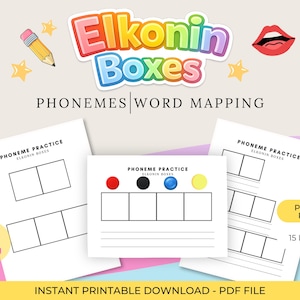 May include: Printable Elkonin Boxes for phoneme practice and word mapping. The image shows three white sheets with boxes for sound segmentation, along with colorful accents and the text "Printer Ready". The title "Elkonin Boxes" is displayed in a colorful font.