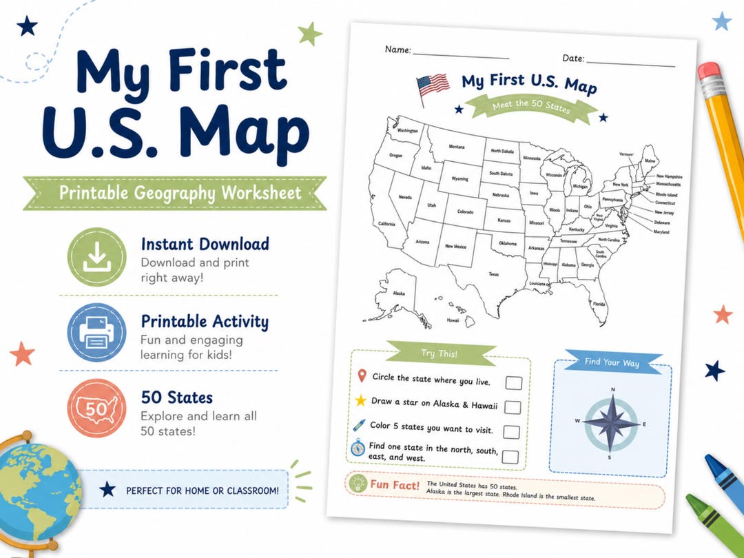 My First U.S. Map Printable Worksheet, 50 States Geography Activity ...