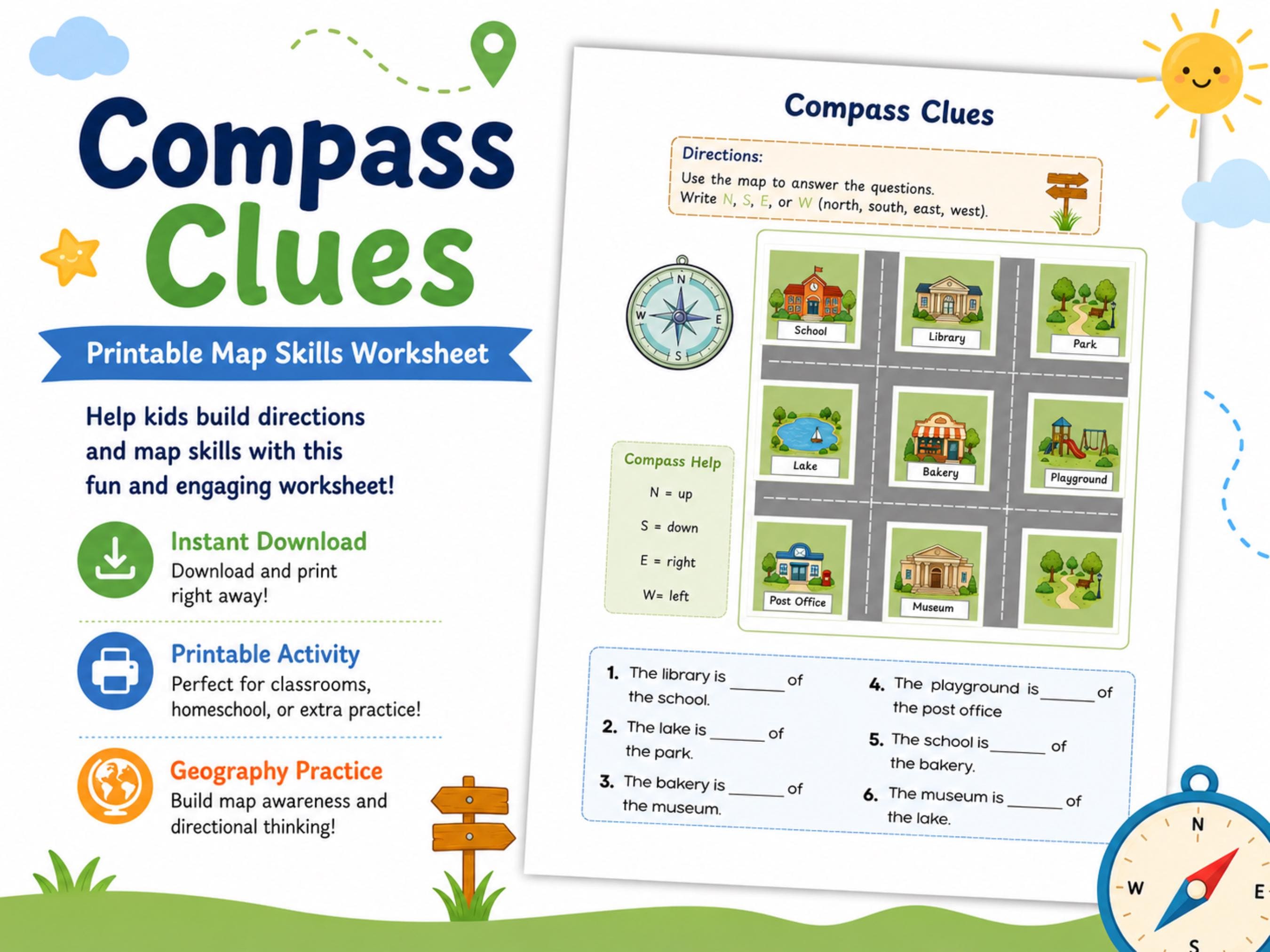 Compass Clues Printable Map Skills Worksheet, Cardinal Directions ...