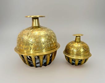 2 Vintage Brass Elephant Claw Bells 4.5" and 2.5" Engraved Florals No Clappers