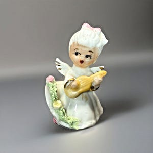 Napco Angel With Ukulele Figurine Miniature Spaghetti Porcelain 2.375 in Vintage