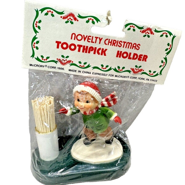 1986 Novelty Christmas Toothpick Holder McCrory Boy Ice Skating New In Sealed Package Vintage