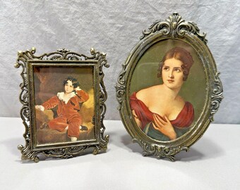 Vintage Brass Ornate Picture Frames with Greek, Red Boy Prints – Made Italy