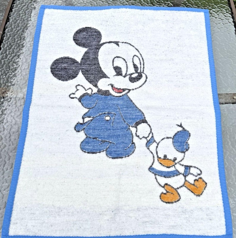 1984 Biederlack Baby Crib Blanket Vintage Reversible Throw Disney Mickey Mouse 27"x35" 画像 2