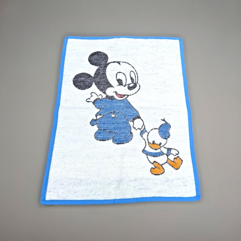 1984 Biederlack Baby Crib Blanket Vintage Reversible Throw Disney Mickey Mouse 27"x35"
