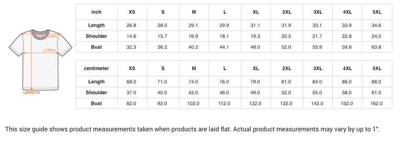 May include: Size chart for a t-shirt in inches and centimeters. The chart shows measurements for length, shoulder, and bust in sizes XS through 5XL.