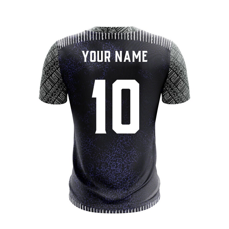 May include: Black and white soccer jersey with a patterned design. The jersey has the text "YOUR NAME" and the number "10" on the back.