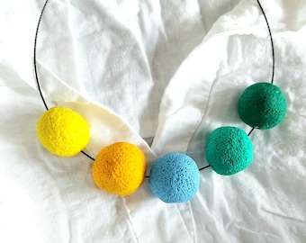 Ball Statement Necklace, Handmade Clay jewelry Bead Round necklace, Polymer Clay necklace, yellow, green,blue