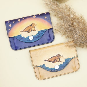 Children's wallet leather neck pouch - seal seal sea animals - gift for young girls - school enrollment birthday souvenir