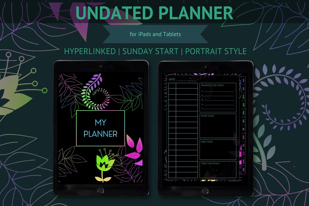 Undated Basic Digital Planner for Tablets or iPad Dark Botanical ...