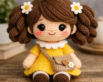 Amigurumi Crochet Doll Pattern – Girl with Yellow Dress, Purse (PDF Download)