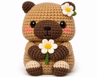 Capybara Crochet Pattern – Amigurumi Animal Plush Toy with Flower (PDF Download)