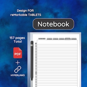 Może przedstawiać: Czarno-biały cyfrowy notes z tekstem "Notebook" w czarnym prostokącie u góry. Notes ma 157 stron i zawiera hiperłącza. Tekst "Design FOR remarkable TABLETS" znajduje się w górnej części obrazu.
