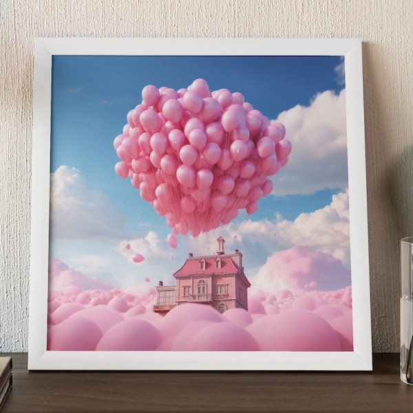 Fantasy Floating House with Pink Balloons - Digital Art Instant Download, high quality, pictures, photos for frames, pink room decoration