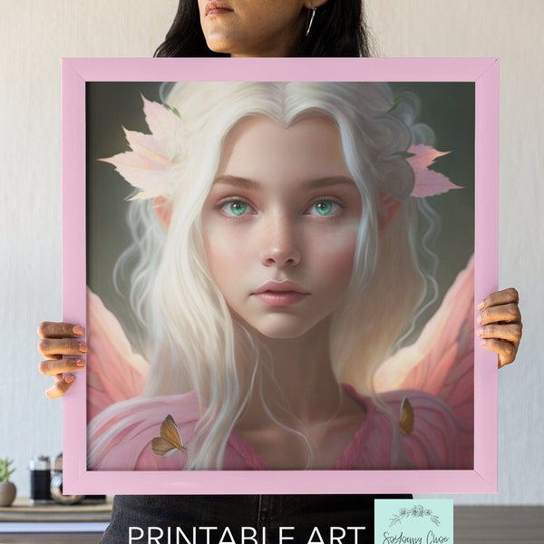 Portrait of a pink fairy | Fairytale character | Digital Print Download | Wall Art | small business use | fantasy | printable | AI midjouney