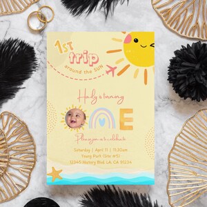 First Trip Around the Sun&quot; 1st Birthday Card - Editable Canva Template