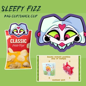 May include: An illustration of a bag clip/snack clip with the text "SLEEPY FIZZ" and "BAG CLIP/SNACK CLIP". The design features a cartoon character's face and a bag of "CLASSIC Potato Chips". Also shown is a red bag clip.