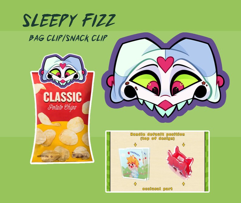 May include: An illustration of a bag clip/snack clip with the text "SLEEPY FIZZ" and "BAG CLIP/SNACK CLIP". The design features a cartoon character's face and a bag of "CLASSIC Potato Chips". Also shown is a red bag clip.