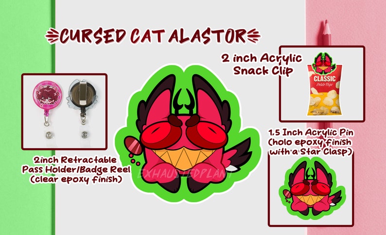 Hazbin Hotel Cursed Cat Alastor available as retractable pass holder, snack clip or acrylic pin zdjęcie 3
