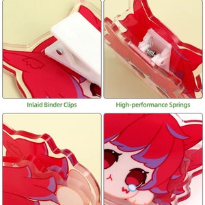 May include: Binder clips with a red anime-style character design. The clips have white plastic components and metal springs. The image shows close-ups of the clips, highlighting the smooth cut edge, HD printing, and inlaid binder clips.